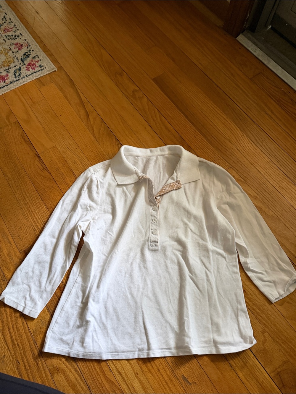 Talbots White Long-Sleeve Polo Blouse with Plaid Trim - Picture 3 of 4